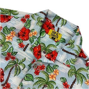 Sun Surfer Hawaiian Shirt Men's Size Medium Blue Palm Trees Flowers
